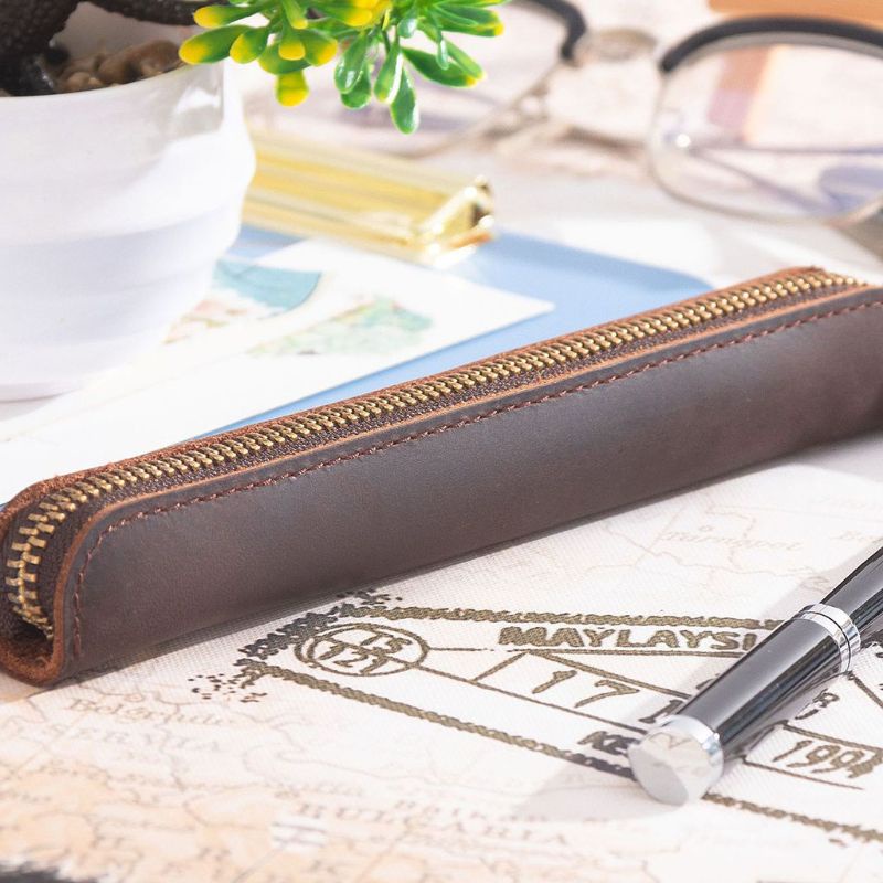 Túi Đựng Bút Bằng Da Thủ Công Có Khóa Kéo Phong Cách Vintage