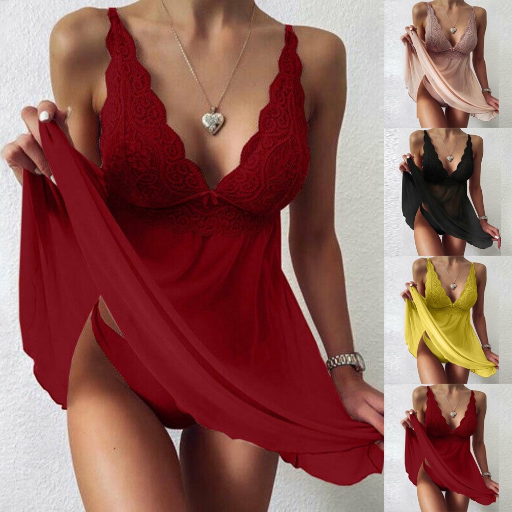 Đầm ngủ phối ren cổ chữ V thiết kế thoải mái thời trang mùa hè | BigBuy360 - bigbuy360.vn