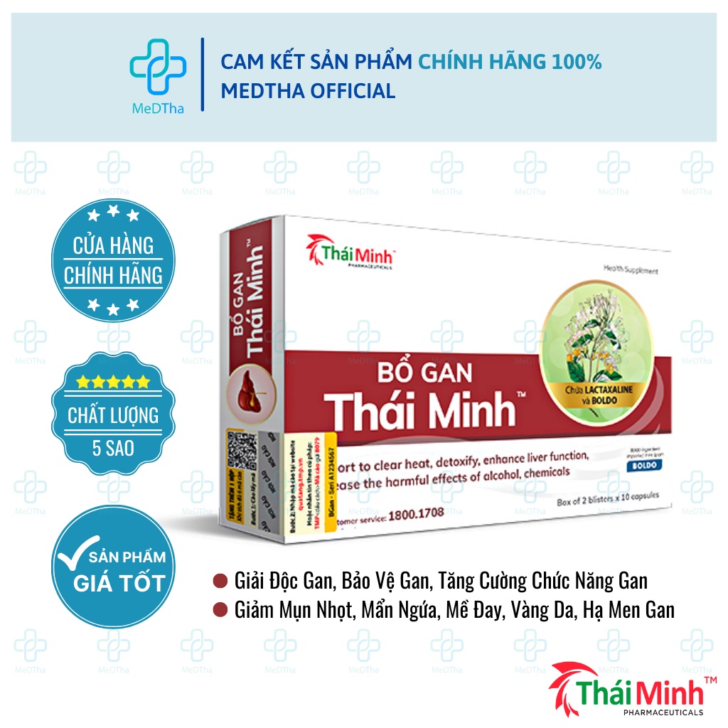 Bổ gan Thái Minh - Giải Độc Gan, Mát Gan, Bồ Công Anh, Arginine, Diệp Hạ Châu (Hộp 20 Viên) [Chính Hãng]