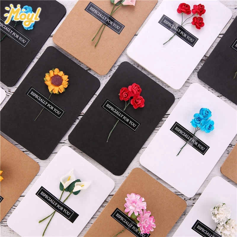 Bộ 10 thiệp chúc mừng bằng giấy kraft đính hoa khô thủ công DIY kiểu Hàn Quốc