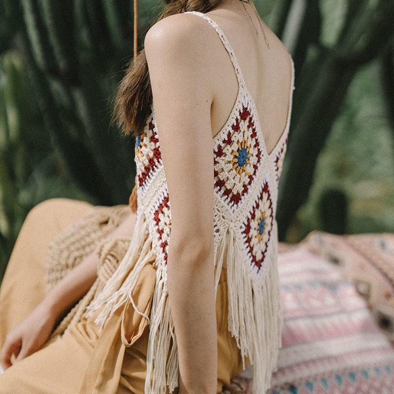 Áo Dệt Kim Sát Nách Phối Tua Rua Phong Cách Bohemian Dành Cho Nữ