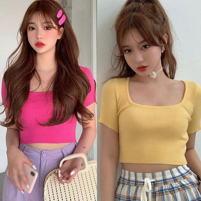 Áo Croptop Dệt Kim Tay Ngắn Cổ Vuông Màu Trơn Phong Cách Hàn Quốc