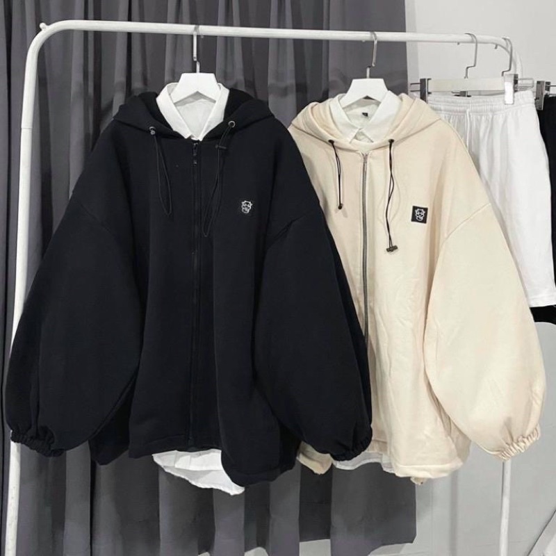 Áo Khoác Ullzang KaKi logo thêu bò sữa chun tay bồng from rộng unisex