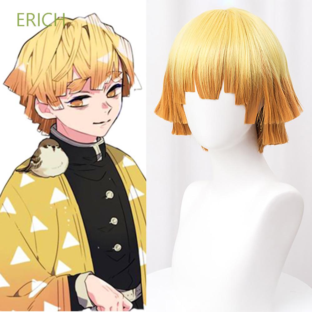 Tóc giả ngắn màu vàng gradient uốn lượn cosplay nhân vật Agatsuma Zenitsu trong Demon Slayer bằng sợi tổng hợp cao cấp