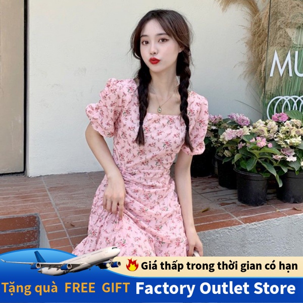 Đầm dáng mỏng chất chiffon xếp nếp màu hồng họa tiết hoa thời trang Pháp mùa hè mới 2021 dành cho nữ