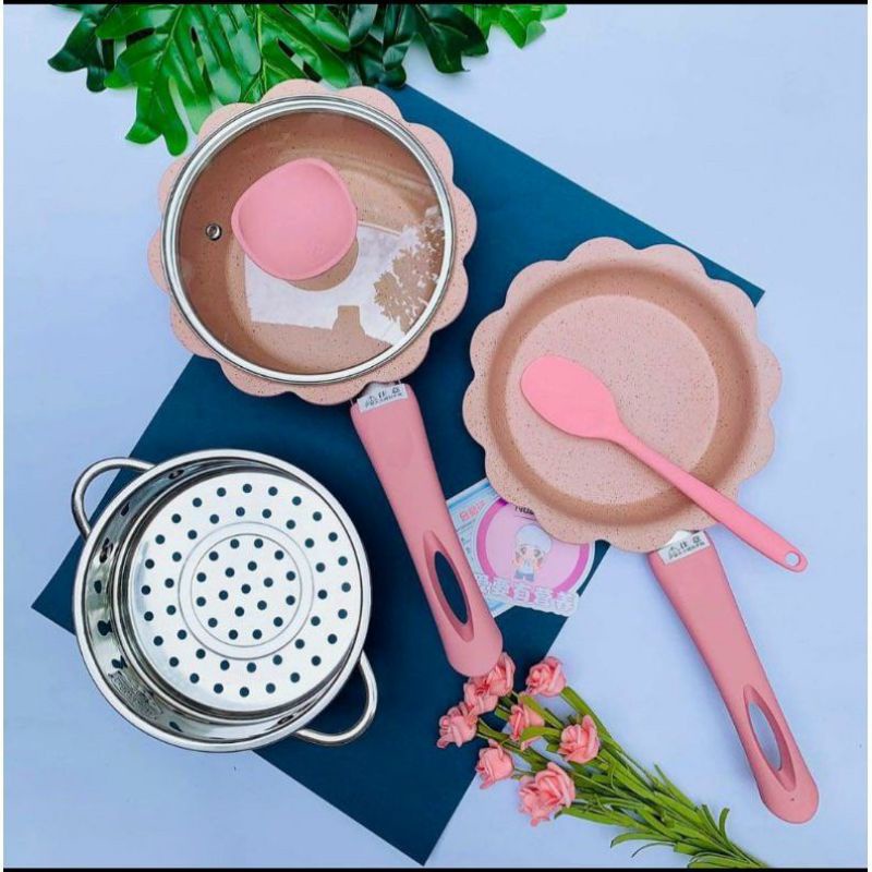 Bộ Nồi Chảo Đá Kèm xửng Hấp 5 chi tiết