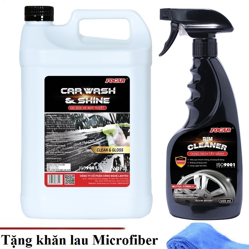 Bộ 2 sản phẩm Bọt rửa xe bọt tuyết cao cấp FOCAR 5L + Tẩy vành lazang Focar 500ml (Tặng khăn lau xe hơi)