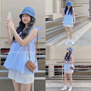 Bộ áo babydoll hai dây bản to buộc nơ vai caro xanh mix quần short trắng (video ảnh thật) - SET06FG