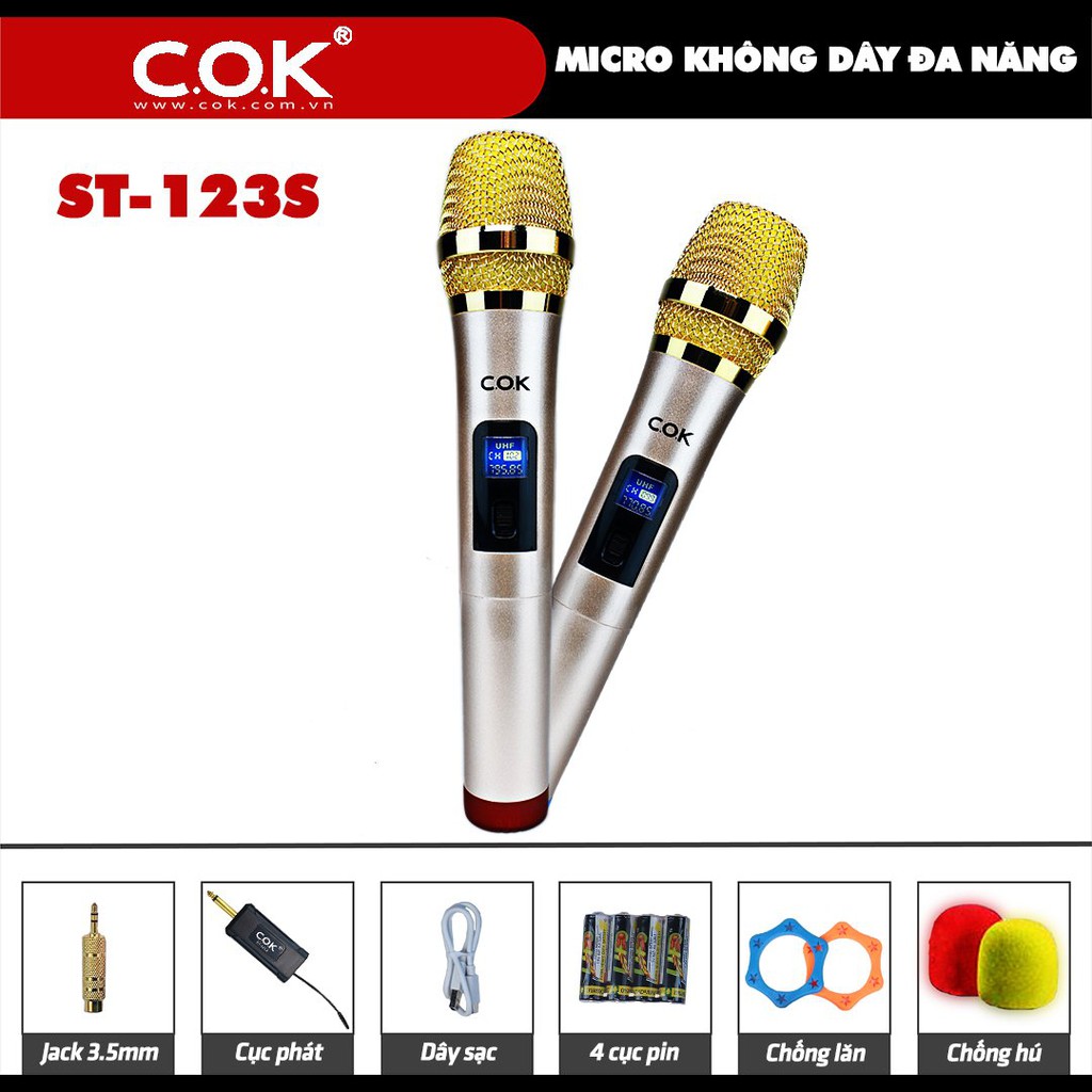 Micro karaoke không dây COK-123 gắn vào amply và loa kéo độc quyền tại Việt Nam