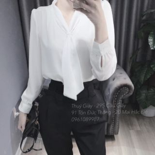 Áo sơ mi trắng lụa tằm thắt nơ