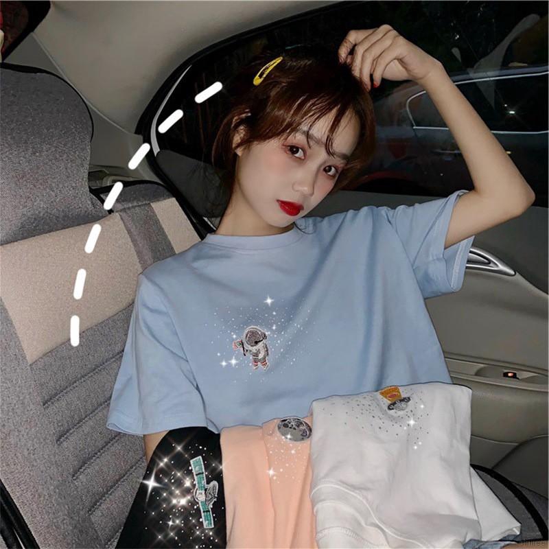 Áo thun nữ cổ tròn ngắn tay thêu hình phong cách Hàn Quốc