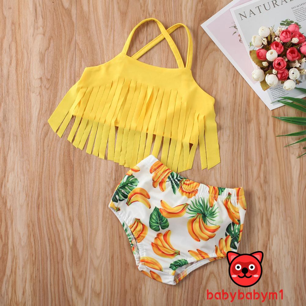 ★HZLToddler Kids Baby Girls Swimwear Tankinis Summer Tassel Tops Banana Print Shorts Swimsuit Beach Barhing Pool