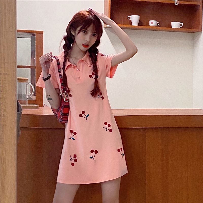 SUXI New Korean Embroidery Cherry Short Sleeve Women Polo Collar Shirt Dress