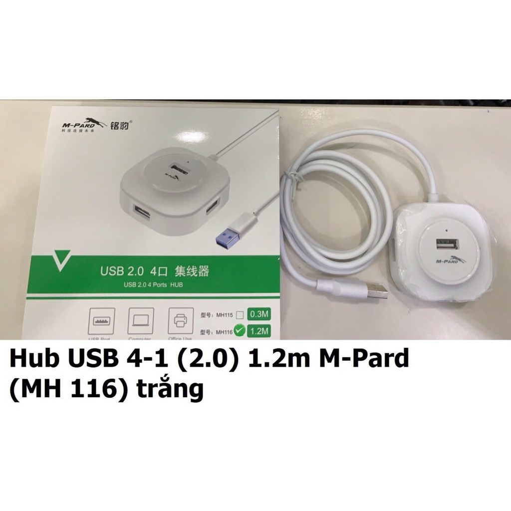 Hub USB 4-1 (2.0) 1.2m M-pard MH 116 màu đen, trắng, bộ chia usb 1 ra 4 cổng 2.0 dây dài 1.2m