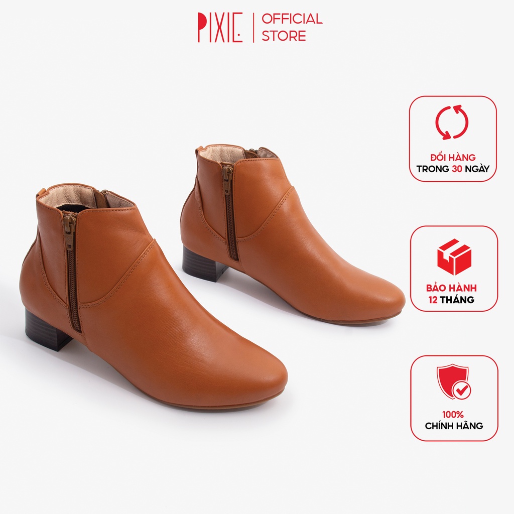 Giày Boot Thấp 3cm Cổ Ngắn 2 Dây Kéo Da Bò Thật Pixie P697