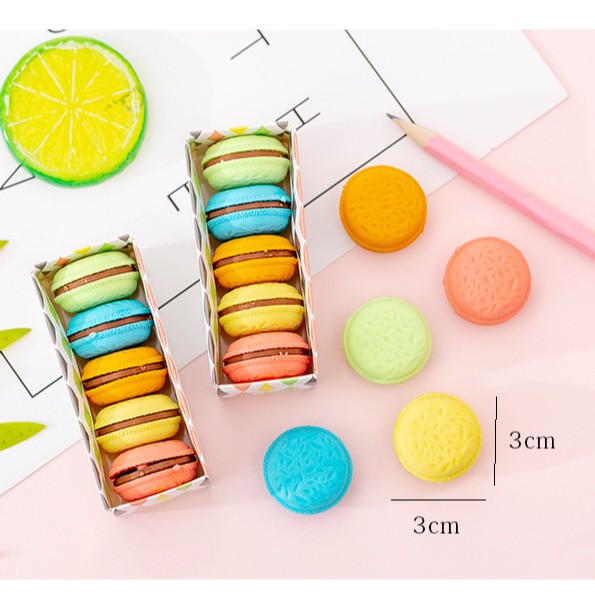 Gôm tẩy bút chì hình bánh macarons dễ thương hộp 5 gôm tẩy nhiều màu sắc