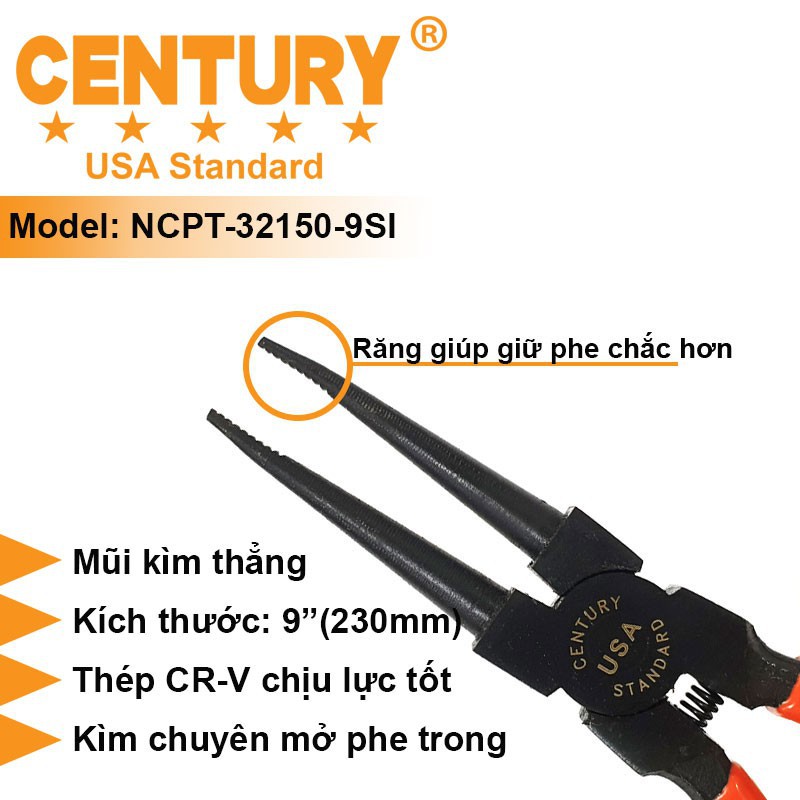 Kềm Mở Phe, Kìm Mở Phe 9" (230mm) Vô Thẳng Century  Mã NCPT-32150-9SI Với Thép Tốt.