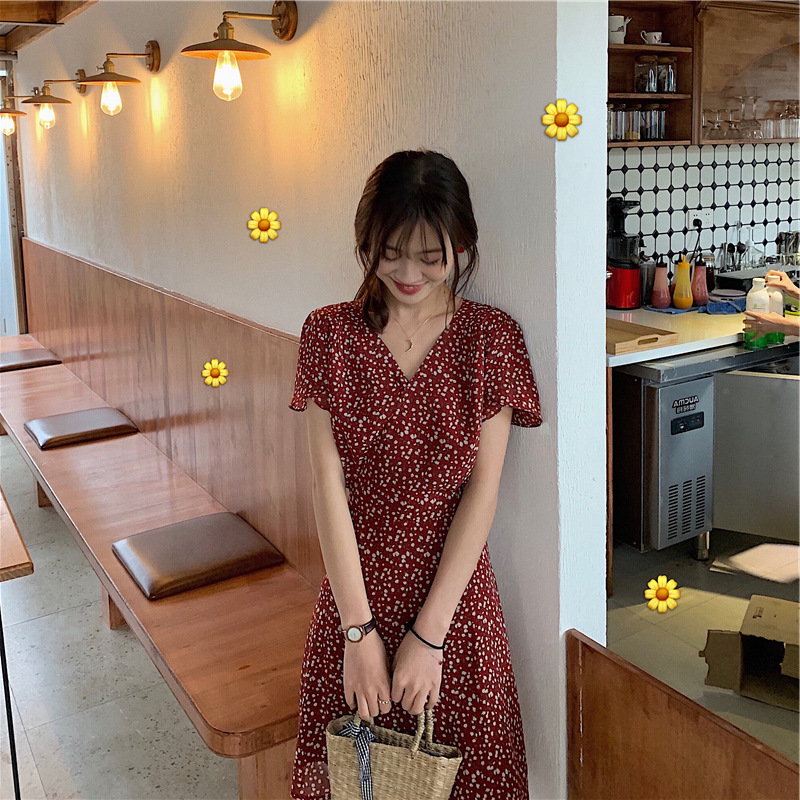 Váy hoa nhí đầm trễ vai Váy len đầm len Đầm Đen Chân váy đầm nữ Đầm