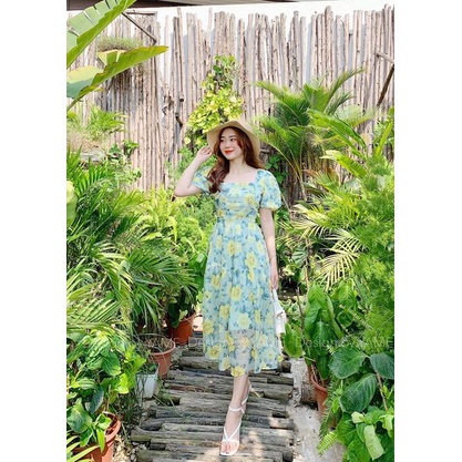 Váy đầm hoa nữ ngắn tay dáng dài màu xanh lá cổ vuông nhún ngực chất voan tơ lót lụa Sunny YAME