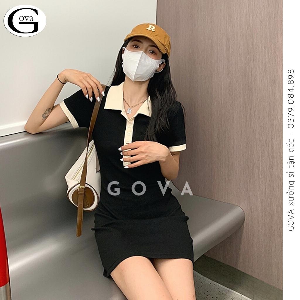 Đầm Váy Body CỔ POLO Phối Be Nữ Kiểu Tay Ngắn Dáng Ôm BodyTôn Dáng Đẹp GOVA