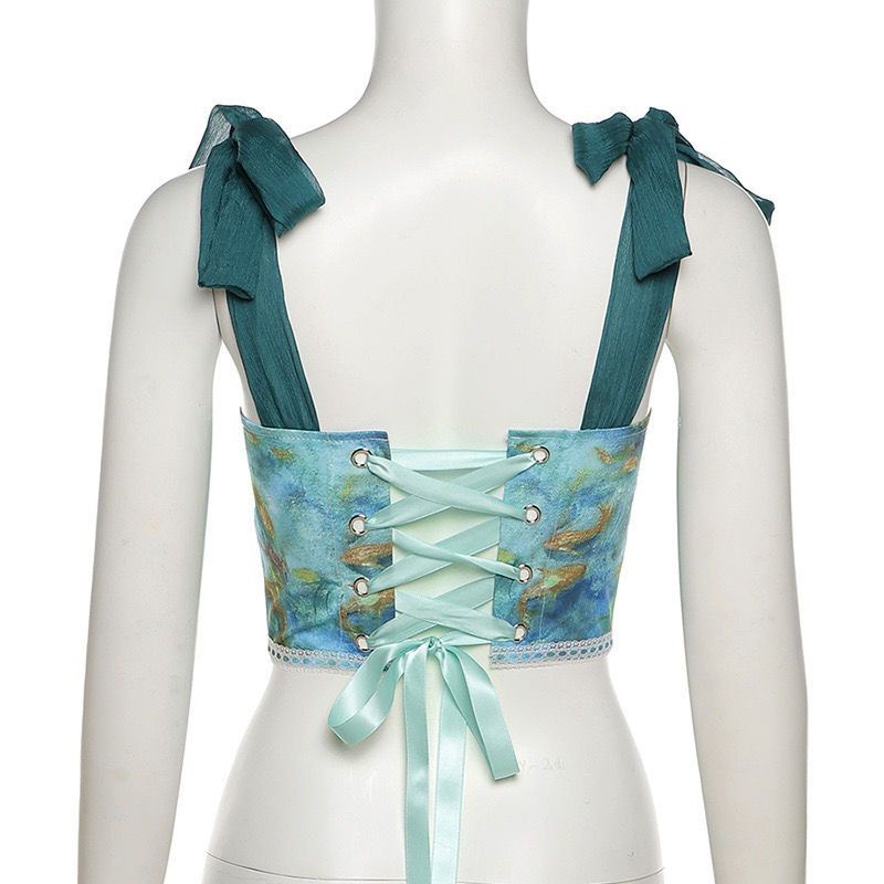 Corset Vintage, Áo Hai Dây Thắt Nơ, Áo Hai Dây Hoạ Tiết Tranh Sơn Dầu Phong Cách Retro ❤️
