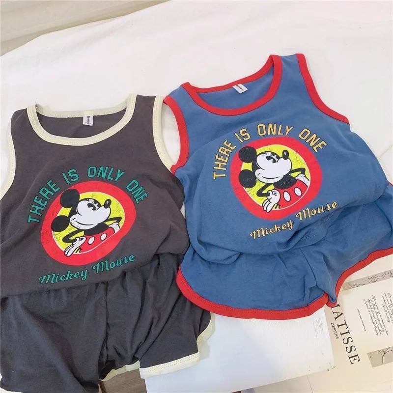 Bộ Áo Thun Sát Nách Phối Quần Short Vải Cotton Thoáng Khí In Hoạt Hình Thời Trang Mùa Hè Cho Bé