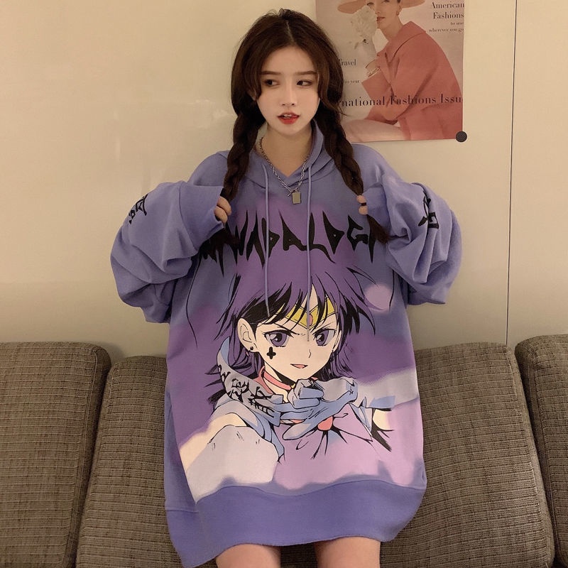 Áo Hoodie Dáng Rộng Họa Tiết Anime Phong Cách Hiphop Cá Tính Cho Nữ
