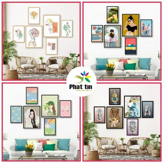 Set 6 tranh treo tường, tranh phòng khách, tranh dán tường decor phòng ngủ có sẵn keo 2 mặt, canvas, In Phát Tín.