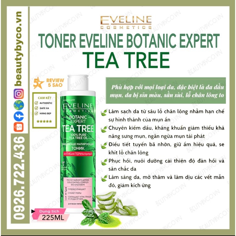 Toner Eveline Tea Tree Botanic Expert giảm sưng,gom cồi,ngừa mụn,phục hồi da
