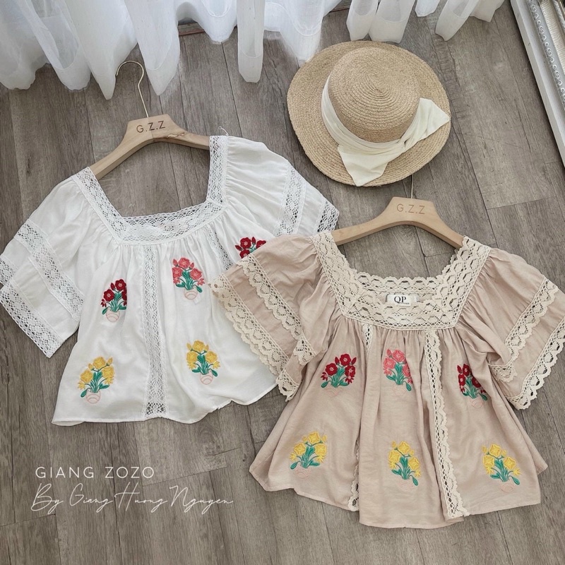 Áo thêu hoa viền ren/áo babydol