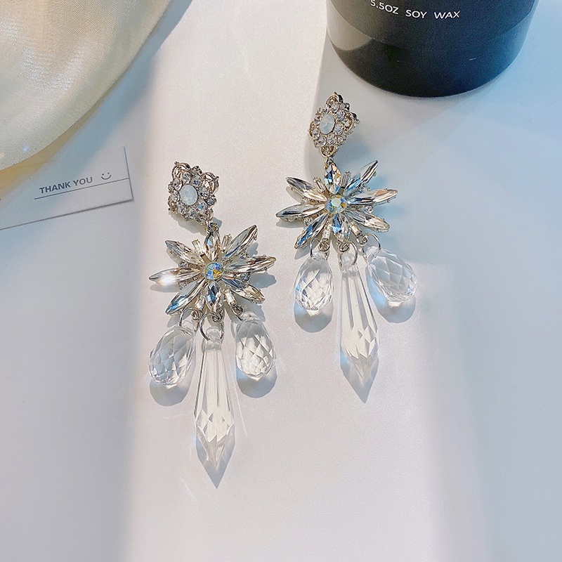 Bông Tai Mạ Bạc 925 Dáng Dài Hình Hoa Đính Đá Sang Trọng Thời Trang Cho Nữ