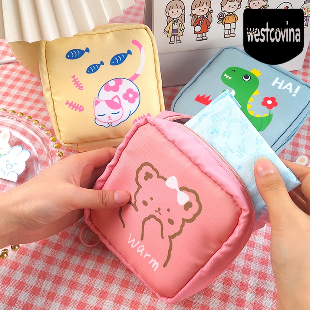 [Hot]☀ Túi Đựng Khăn Giấy Tampon Bằng Nylon Chống Nước Thiết Kế Khóa Kéo In Hoạt Hình Cho Nữ