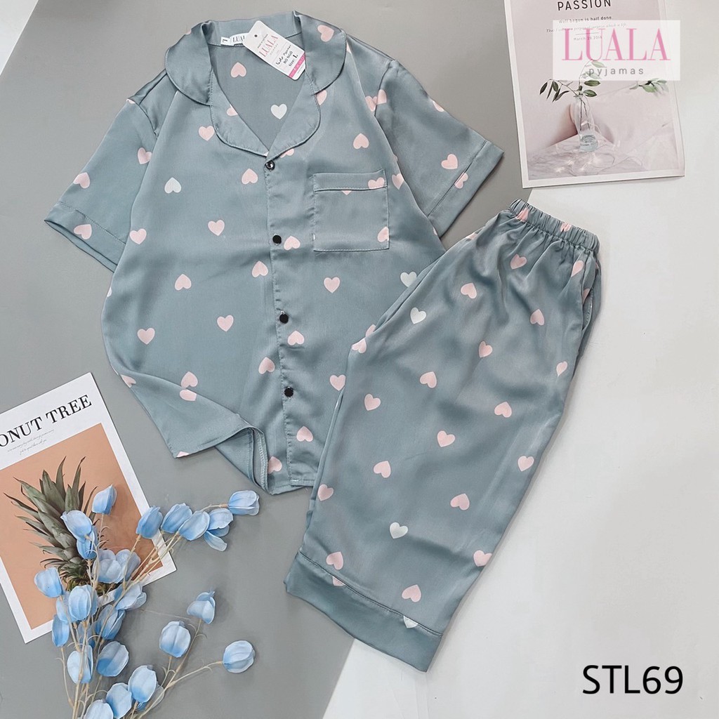 LUALA PYJAMAS - Lụa SaTin lửng Cao Cấp Tim Nhỏ Xanh Ghi