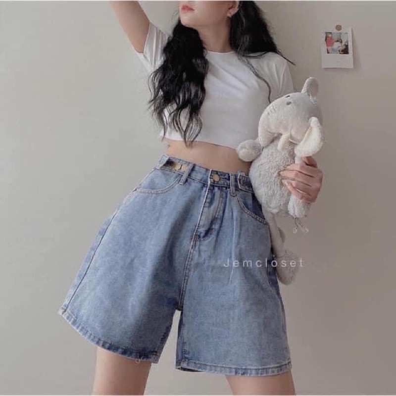 Quần Short Jeans Ngố Bò Nút Hông Ulzzang (2 Màu)