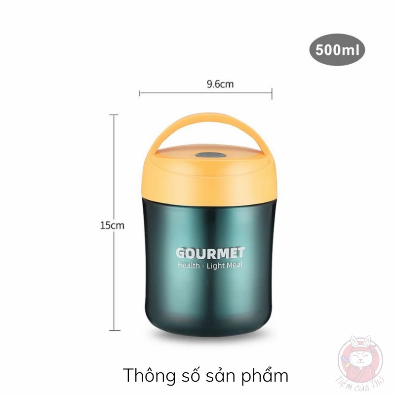 Bình ủ cháo giữ nhiệt Gourmet, Hộp đựng cơm văn phòng 2 lớp 500ml tặng kèm muỗng tiện lợi