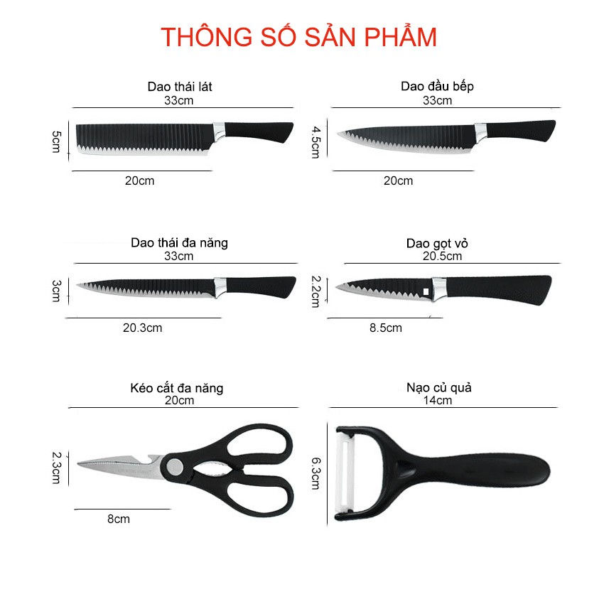 Bộ dao nhà bếp Nhật 8 món thép gợn sóng cao cấp - CHỐNG DÍNH, CHỐNG GỈ- Tặng 2 khăn - Mian Mart