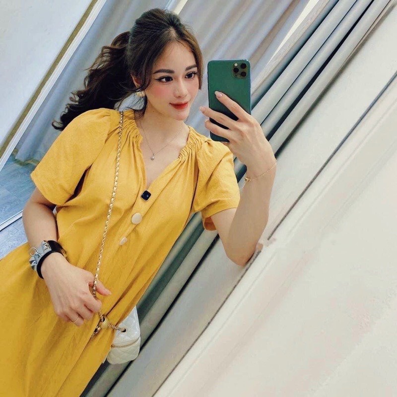 Đầm bầu vàng thiết kế cổ nhún phối cúc ngực mặc đi làm đi chơi ở nhà thoải mái