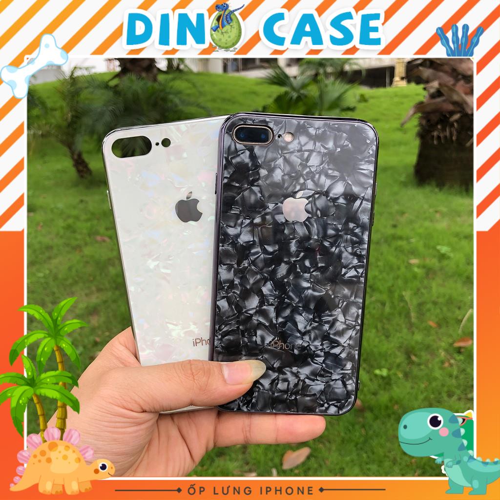 Ốp Lưng Kính Cường Lực Vân Đá Siêu Bền- Viền Silicon Đồng Màu Iphone 6 đến ProMax Dino Case