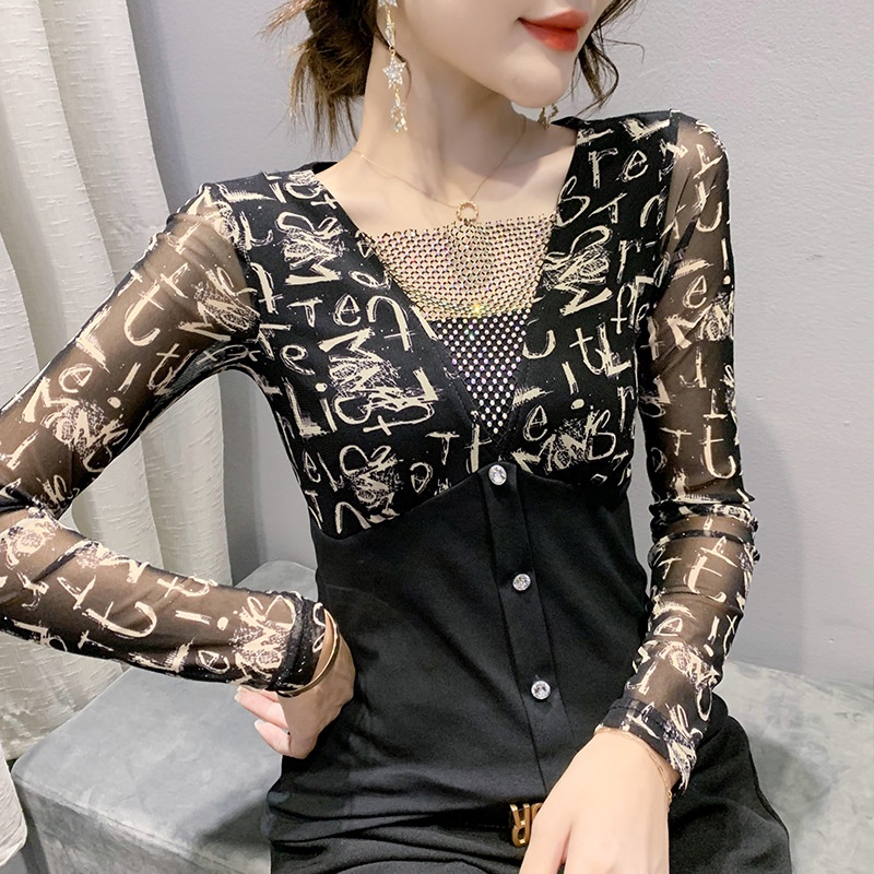 Áo lưới dài tay Áo thun dài tay nữ Phối Lưới In Họa Tiết Kim Cương Kiểu Mới