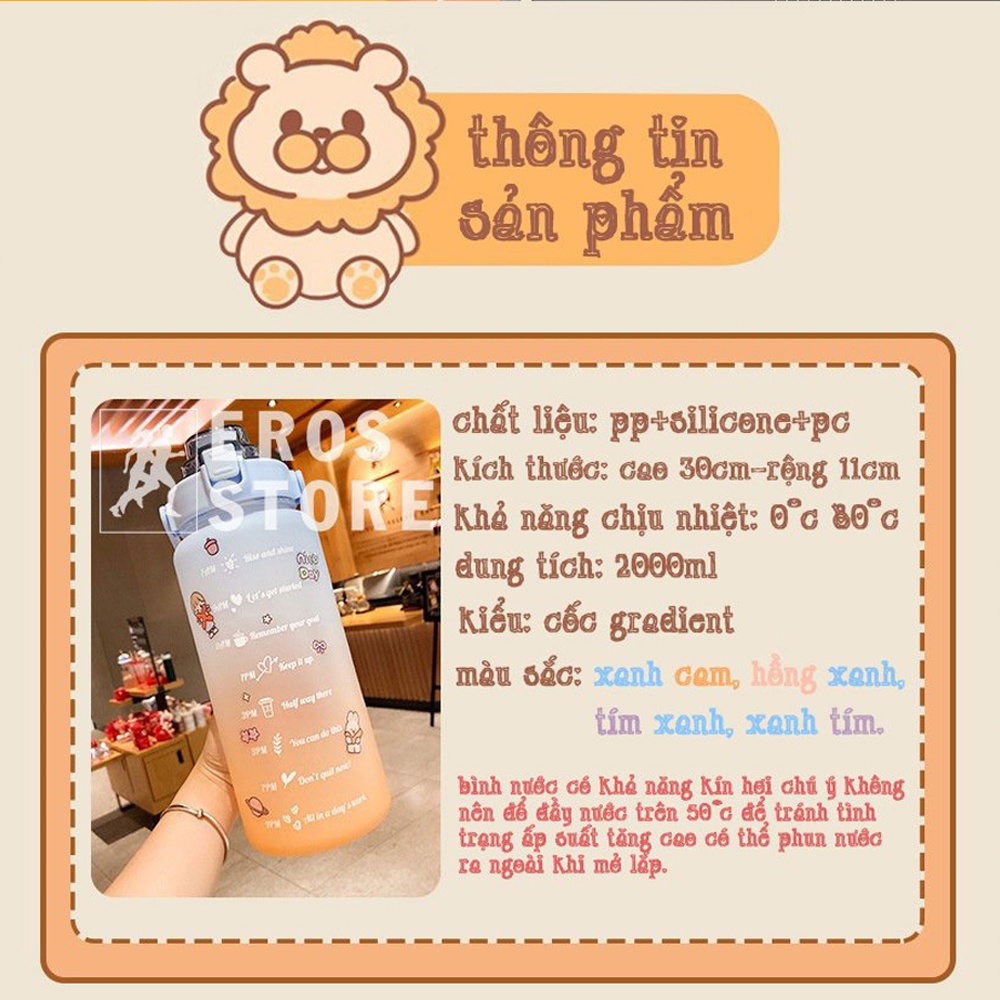 Bình Đựng Nước 2L Có Vạch Báo Giờ Uống Nước, Bình Đựng Dễ Thương Nhắc Uống Nước Chính Eros Store