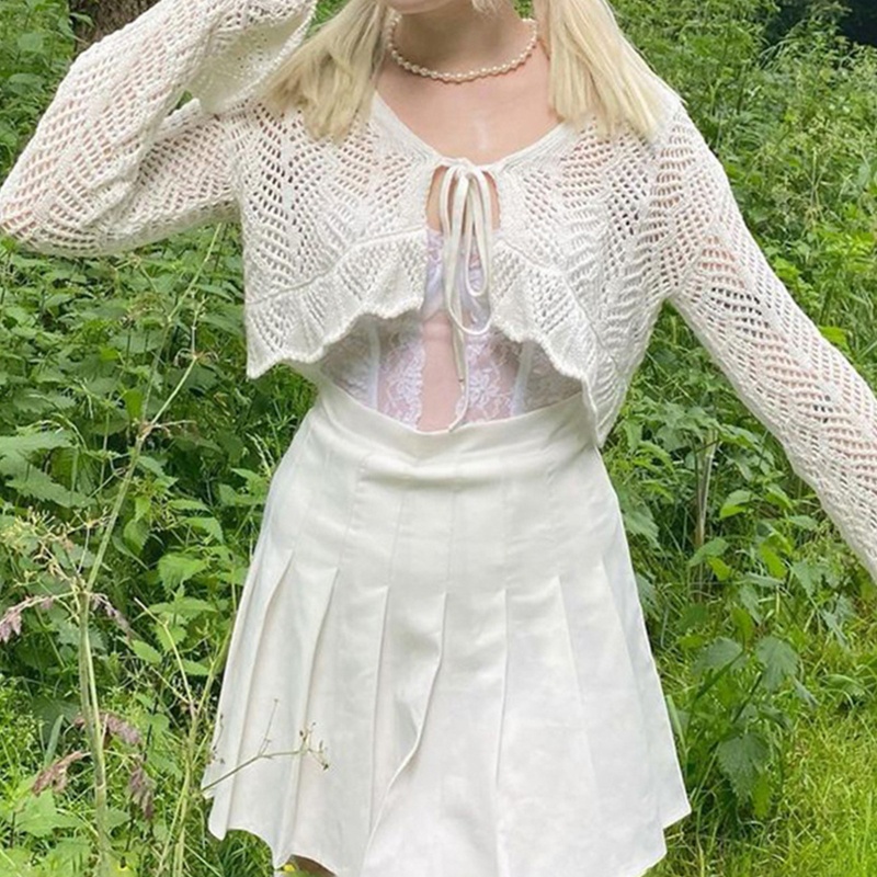 Áo Croptop Dệt Kim Tay Loe Cột Dây Phía Trước Quyến Rũ Cho Nữ