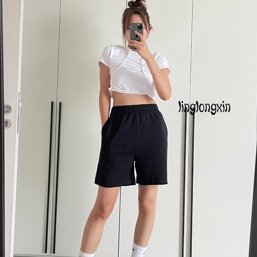 Áo Thun Croptop Tay Ngắn Cổ Cao Màu Trơn Thời Trang Cho Nữ Linglongxi2