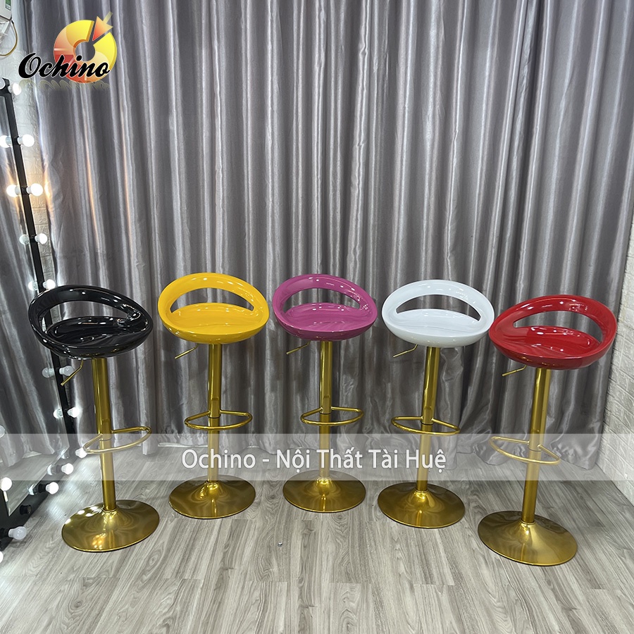 Ghế Bar, Ghế Trang Điểm Mẫu NHỰA KHOÉT LỖ Chân Vàng K1 Sang Chảnh Điều Chỉnh Độ Cao 60/80 Và Xoay 360 Độ ( Có Sẵn)