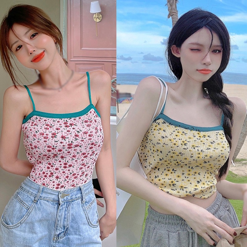 Áo Croptop Dệt Kim Sát Nách Hoạ Tiết Hoa Thiết Kế Ôm Sát Tôn Dáng
