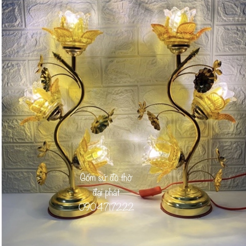 Đèn thờ hoa sen bông thủy tinh ánh sáng vàng, đèn thờ thủy tinh ba bông