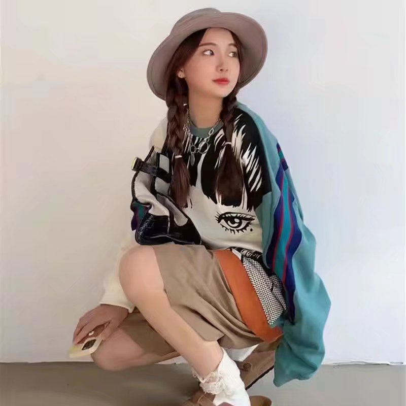 Áo sweater Tay Dài Dáng Rộng In Họa Tiết Hoạt Hình Phong Cách Đường Phố