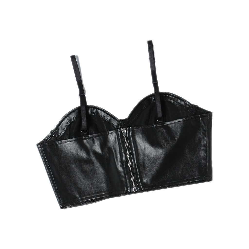 Áo lửng hai dây da PU màu trơn gợi cảm dành cho nữ