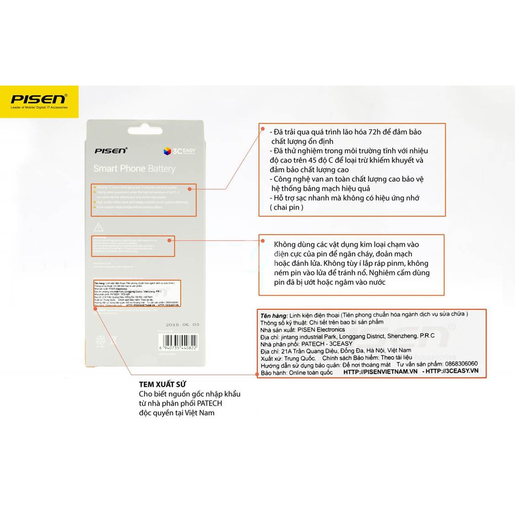 Pin Pisen chính hãng cho Iphone 7 Plus 2900mAh chuẩn 3C Easy certificate