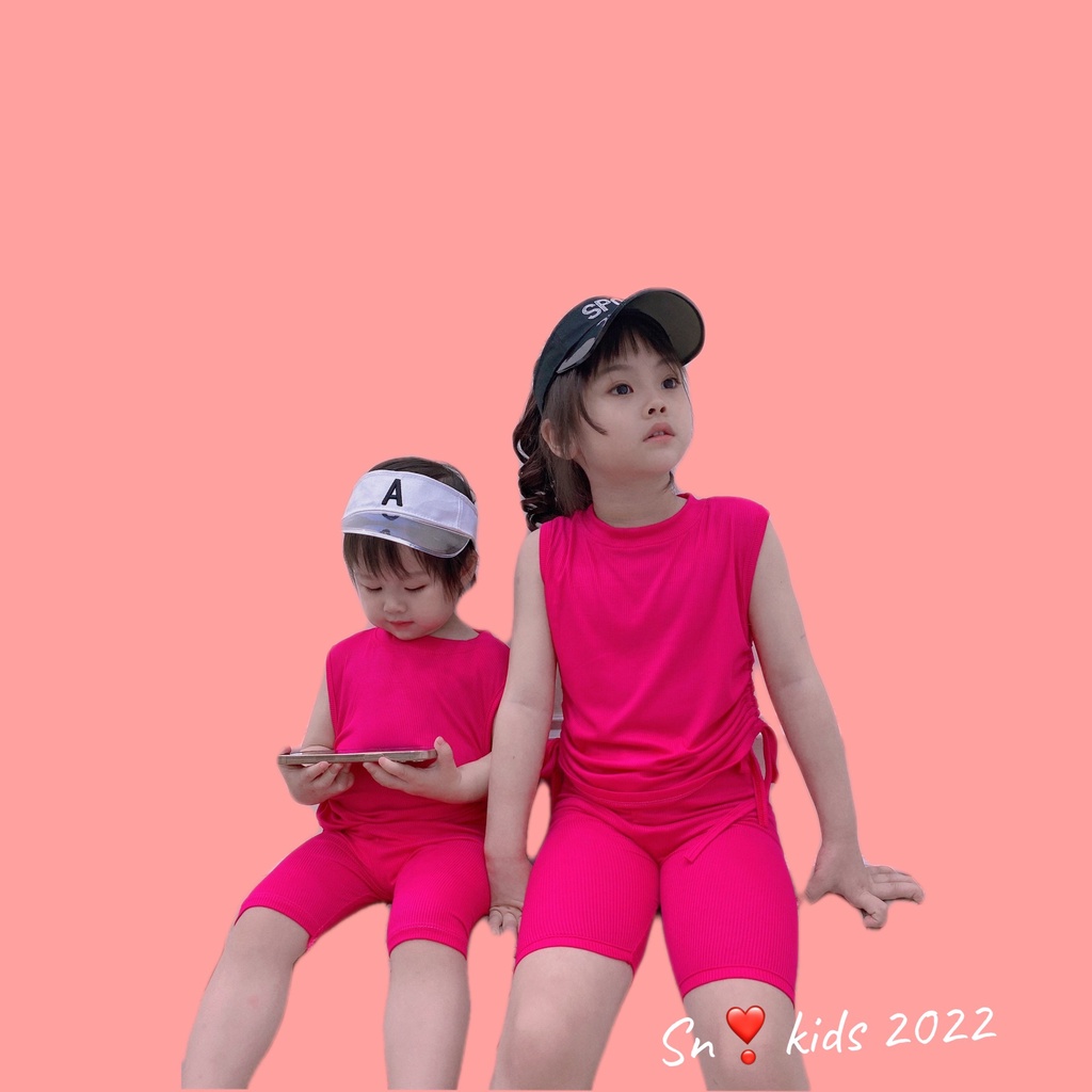 Bộ hè bé gái, bộ tăm lạnh mềm mát áo sát nách rút dây hông kèm quần lửng cho bé