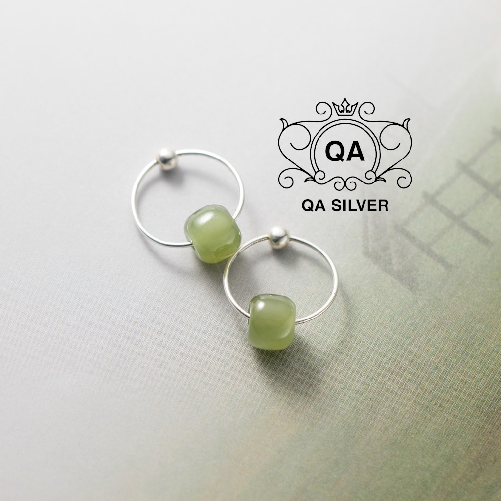 Khuyên tai bạc 925 tròn mặt đá xanh bông nữ tối giản S925 JADE QA SILVER Earrings EA220709